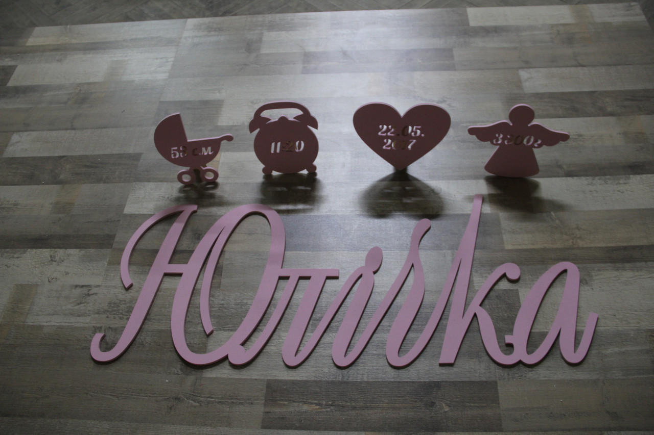 Метрика дитяча з Ім'ям та фігурками Manific Decor з дерева з фарбуванням Ширина - 80 см