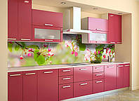 Кухонный фартук Розовые Цветы вишни (виниловая пленка наклейка скинали ПВХ) вишневые ветки Зеленый 600*3000 мм