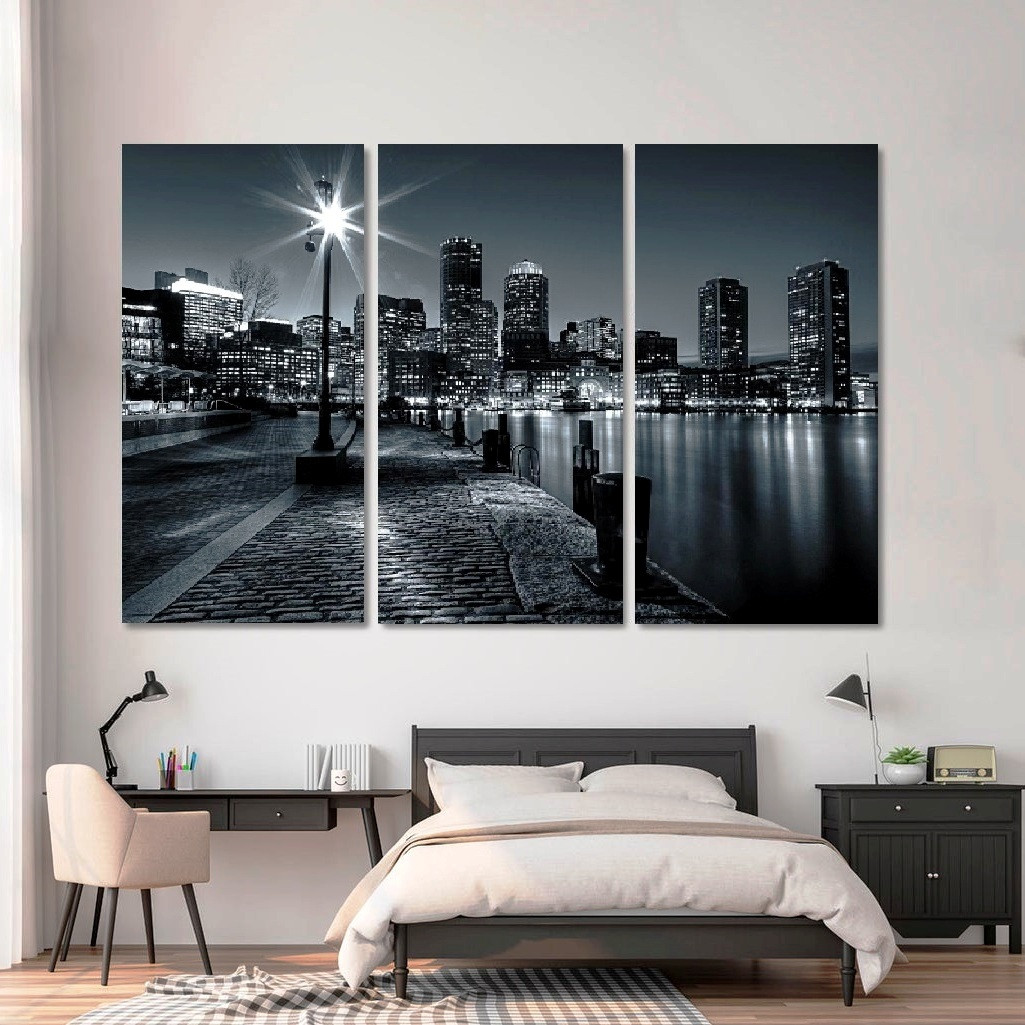 Модульна картина — Нічне місто — 3 частини зі скла, фото 1