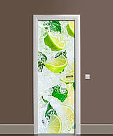 Наклейка на двери Лимоны во льду (пленка самоклеющаяся ламинированная ПВХ) цитрусы мята Желтый 65х200 см