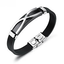 Стильний, модний молодіжний браслет на каучуку з металевою вставкою Infinity чорного кольору застібка кліпса