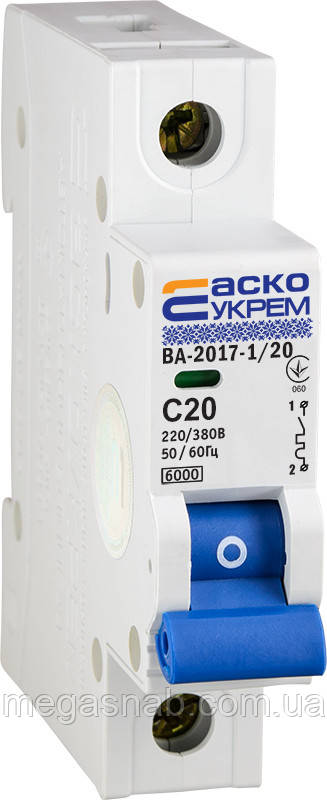 Автоматичний вимикач Аско УкрЕМ 1p 20 А (тип С) ВА-2017