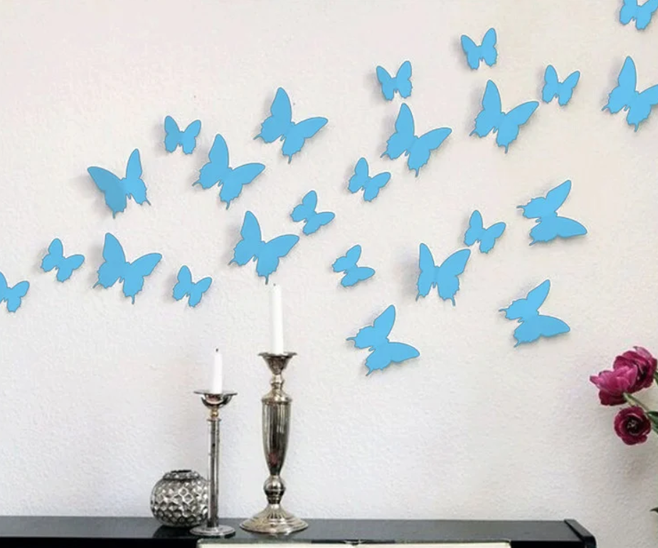 3D бабочки наклейки виниловые на стены в комнаты 12 шт голубые 50-120 мм на двустороннем скотче - фото 1 - id-p1234682759