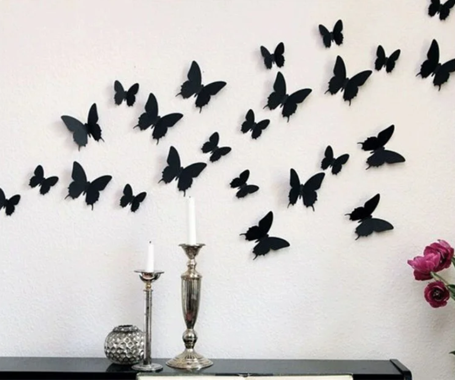 3D бабочки наклейки виниловые на стены в комнаты 12 шт черные 50-120 мм на двустороннем скотче - фото 1 - id-p1234683799