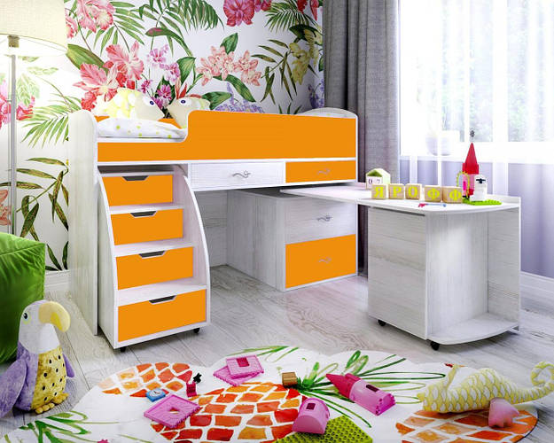 Купить Детская кровать-чердак с рабочей зоной, со шкафчиками для белья ...