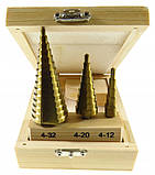 Набір ступінчастих свердел 3 шт. ( 4-12, 4-20, 4-32 мм) дерев'яний кейс GEKO G38502, фото 2