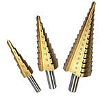 Набір ступінчастих свердел 3 шт. ( 4-12, 4-20, 4-32 мм) дерев'яний кейс GEKO G38502, фото 3