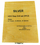 Набір ступінчастих свердел 3 шт. ( 4-12, 4-20, 4-32 мм) дерев'яний кейс GEKO G38502, фото 5
