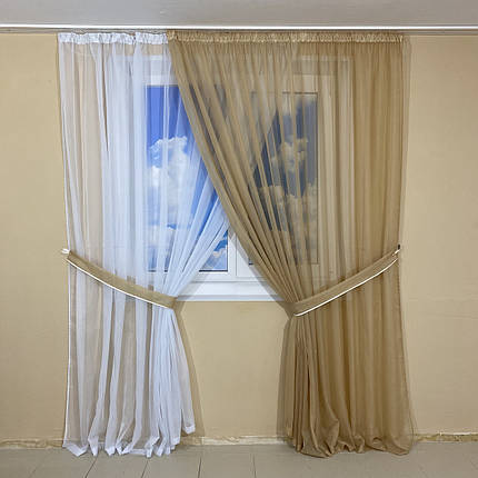 Комплект шифонових тюлів №425 2шт. 3*2,70 м і підхоплення Бежевий+білий, фото 1