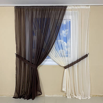 Комплект шифонових тюлів №425 2шт. 3*2,70 м і підхоплення Шоколад+крем, фото 1