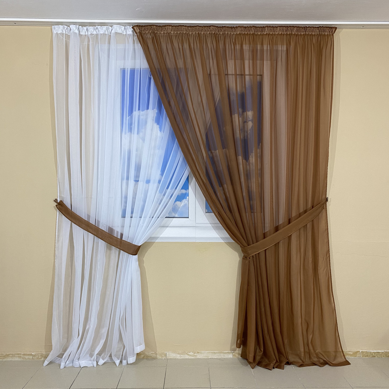 Комплект шифонових тюлів №425 2шт. 3*2,70 м і підхоплення Коричневий+білий