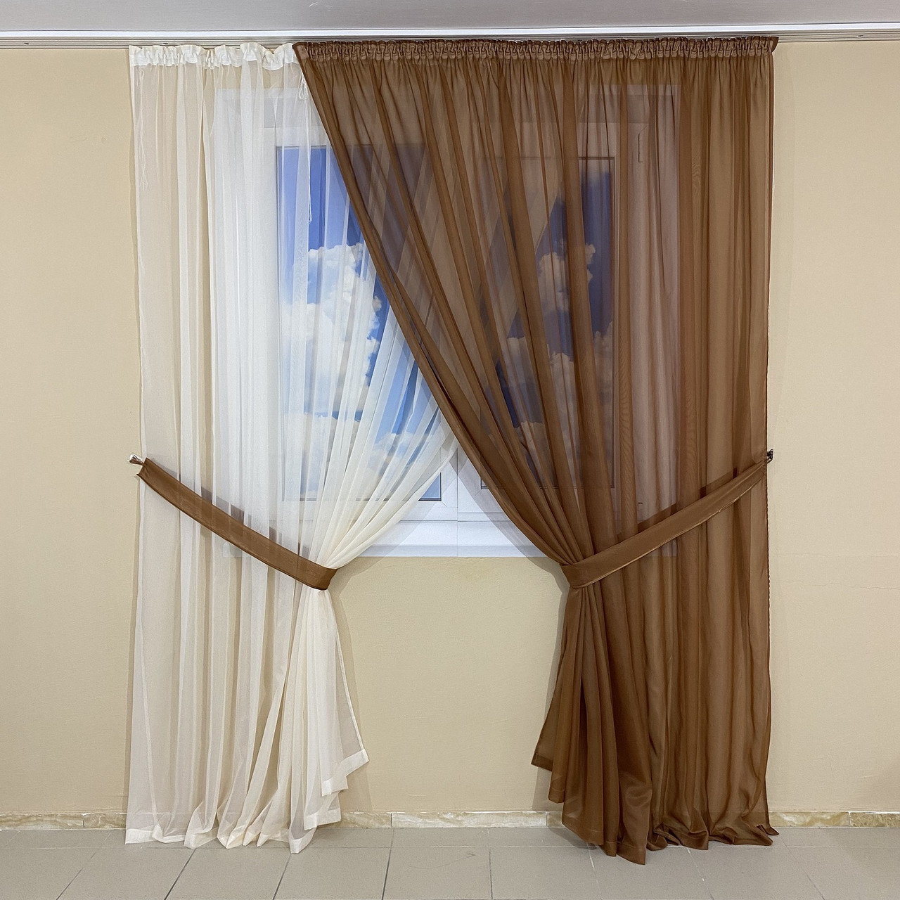 Комплект шифонових тюлів №425 2шт. 3*2,70 м і підхоплення Коричневий+крем