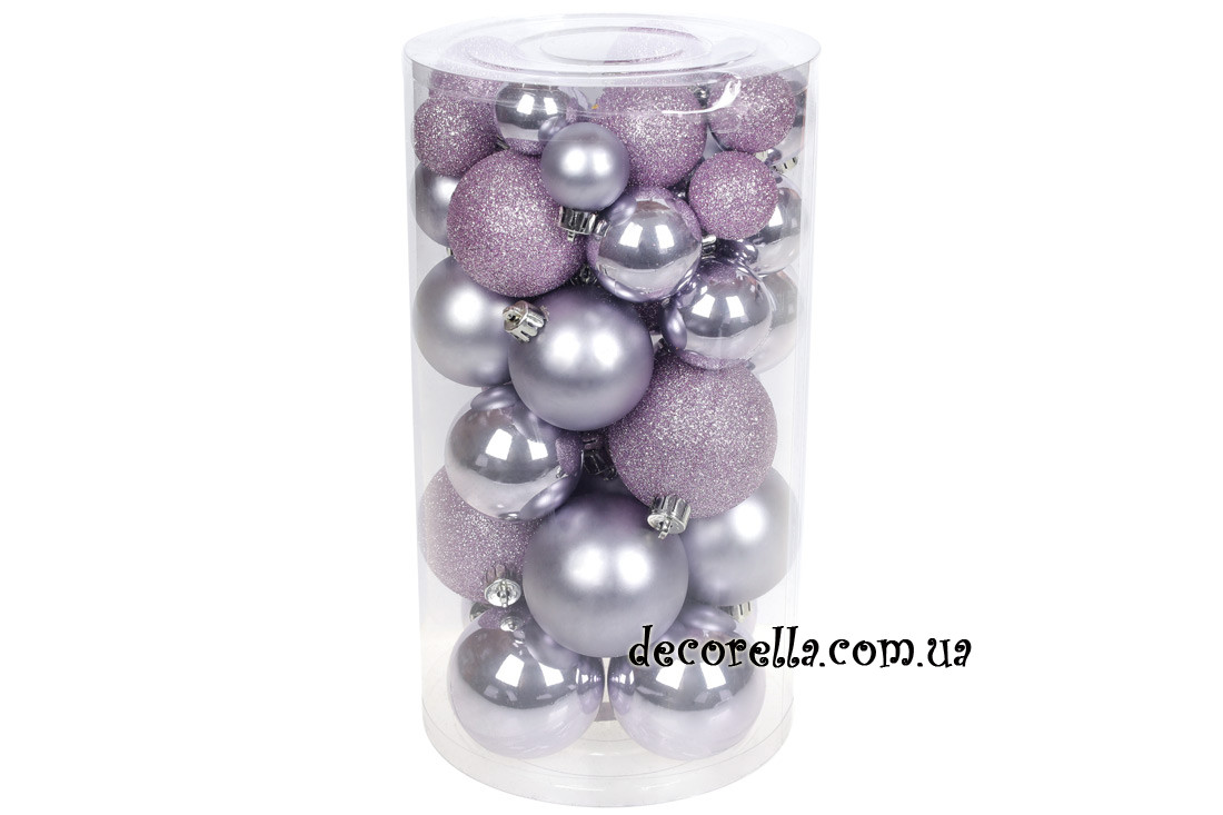 Набір ялинкових кульок, ніжно-ліловий 3см, 4см, 5см, 6см (40 шт), фото 1