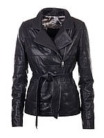 Кожаная куртка женская VK черная стеганая под пояс (Арт. LAN2-201)