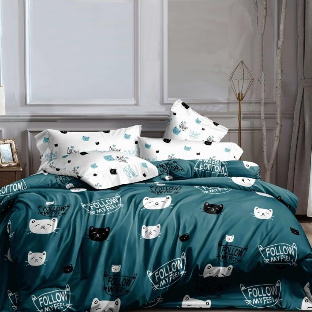 Постільна білизна Королева Ночі (Ранфорс) | Євро комплект | 50х70 | Коти на бірюзовому, фото 1