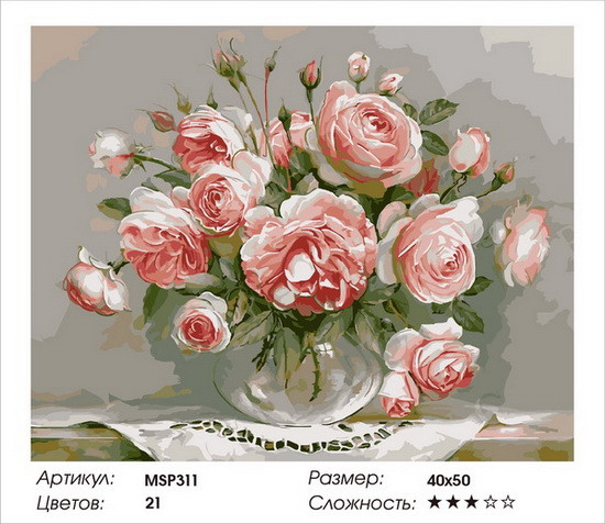 МSP311. Набір для малювання за номерами 40х50 "Рожеві троянди" МSP311 (на підрамнику)
