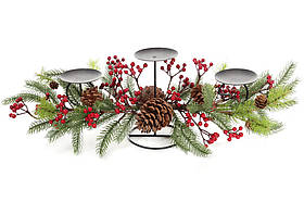 Новорічний підсвічник на три свічки з декором з хвої, шишок і червоних ягід, 71см