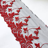Ажурное кружево вышивка на сетке: красного цвета нить, черная сетка, ширина 20 см