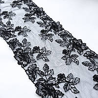 Ажурное кружево вышивка на сетке: черная сетка, чёрная нить, ширина 21 см