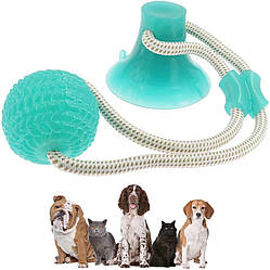 Іграшка м'ячик для собак м'яч на мотузці канат на присосці Блакитний Іграшки для домашніх тварин жувальна