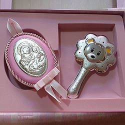 Срібна брязкальце Ведмедик і ікона Діва Марія для дівчаток