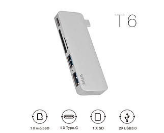 Адаптер WIWU T6 USB-C Hub with 2 x USB 3.0, Micro SD Slot, SD Card Slot and Type-C Port Gray