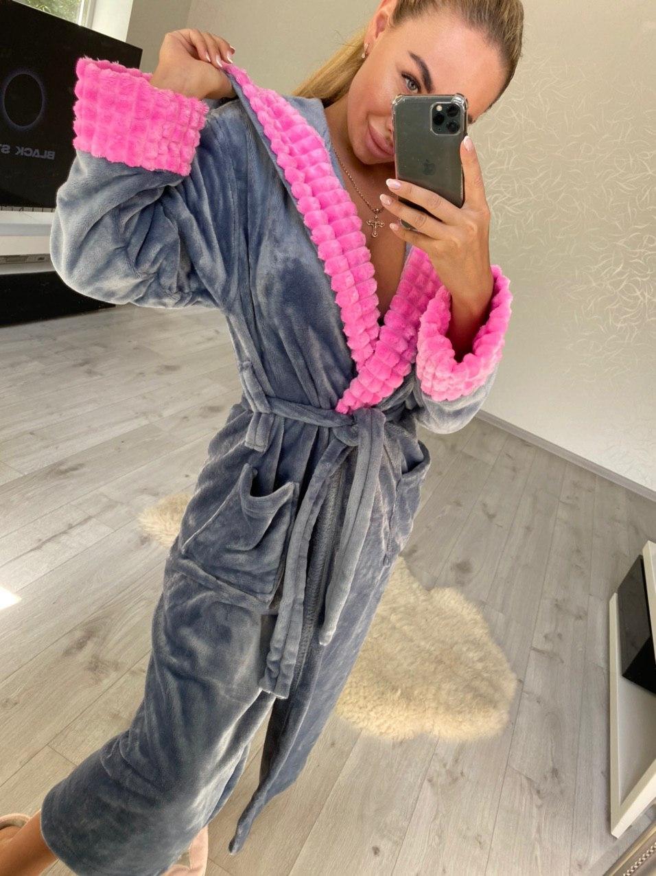 Теплий сірий довгий жіночий махровий халат, фото 1