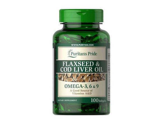 Лляне масло і масло тріски Puritan's Pride Flaxseed & Cod Liver Oil 100 гел капс, фото 2