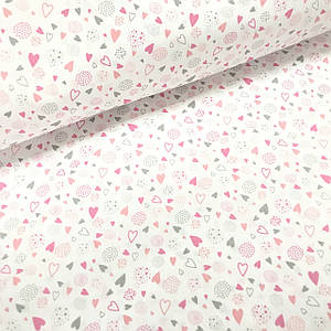 Бавовняна тканина польська серця сіро-рожеві з кругами з точок на білому