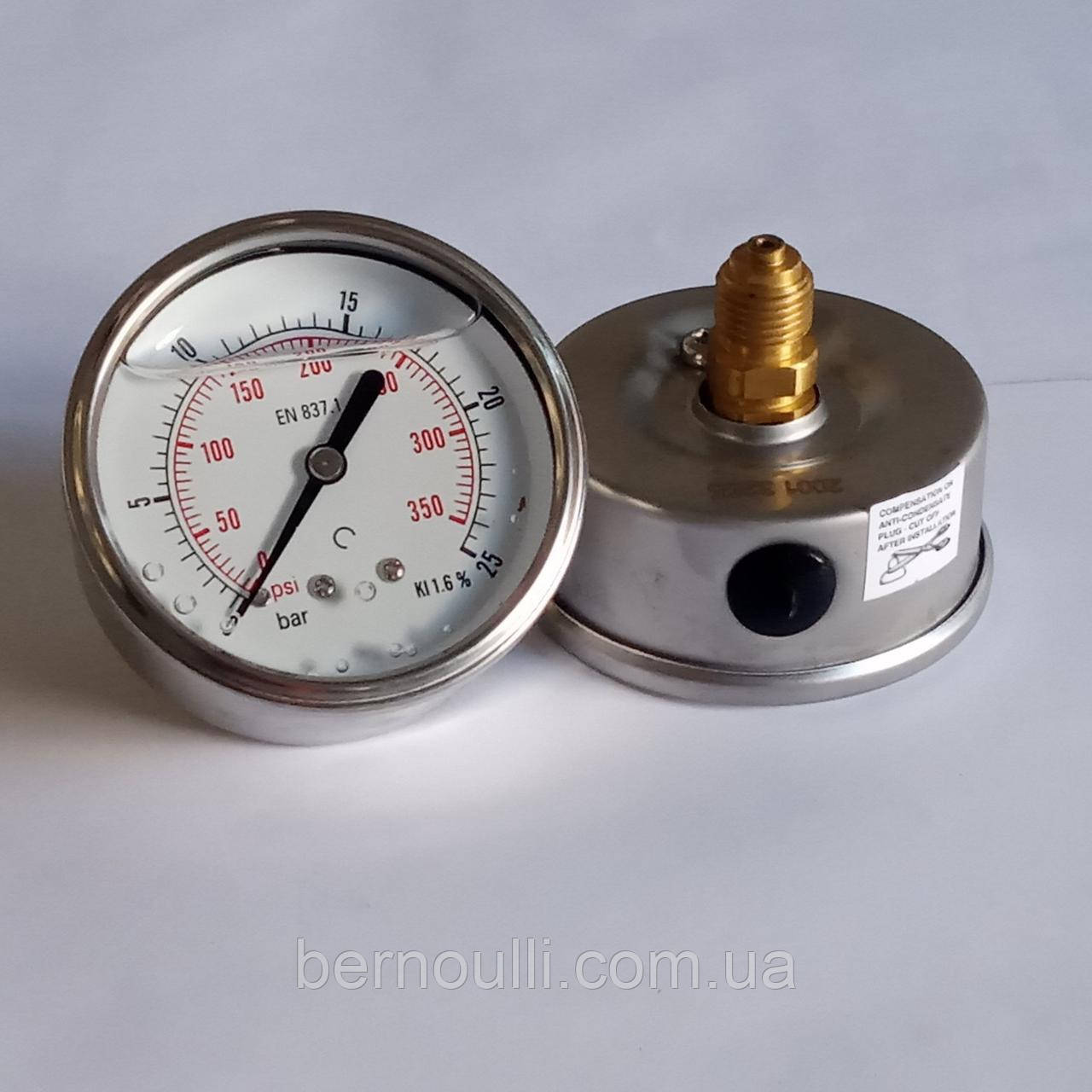 Манометр гліцериновий Ø63мм 25bar 1/4", фото 1