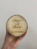 Коробочка шкатулка для колец из сруба (дерева) с гравировкой Имён и датой свадьбы Manific Decor Светлое дерево