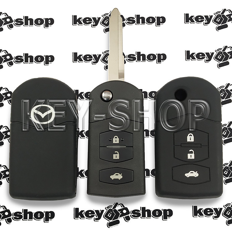 Чехол (силиконовый) для выкидного ключа Mazda (Мазда) (черный) 3 кнопки - фото 1 - id-p277038428