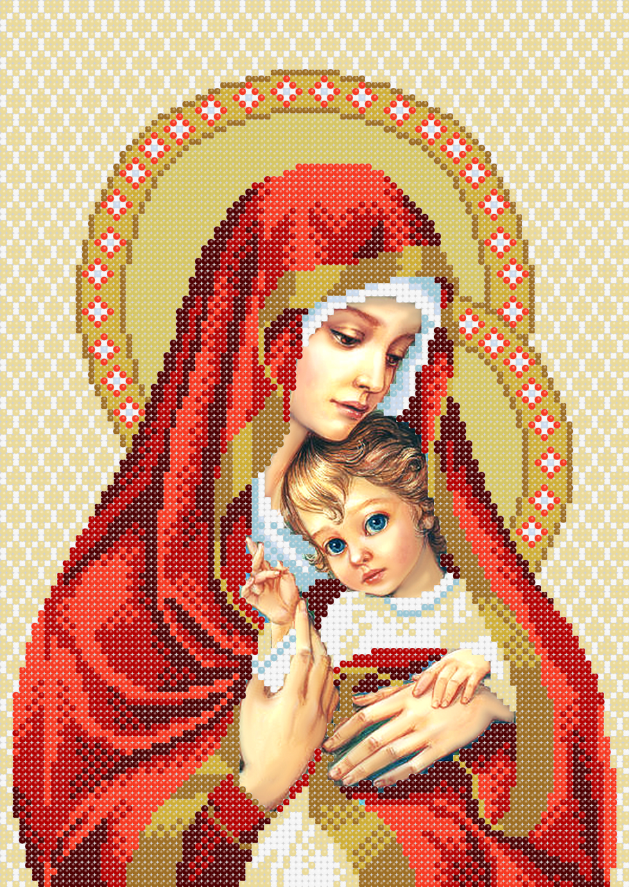 Свята Мадонна з немовлям (у червоному ) Схема вишивки бісером, фото 1