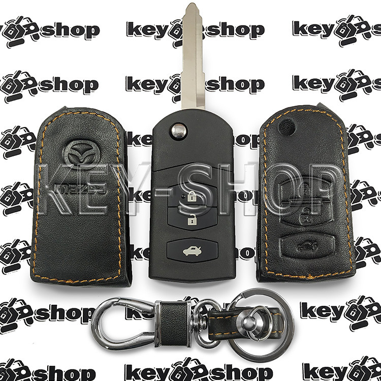 Чехол (кожаный) для выкидного ключа Mazda (Мазда) 3 кнопки - фото 1 - id-p470536829