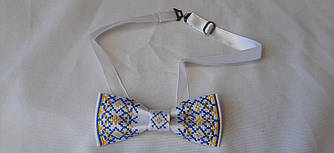 Краватка - метелик з вишивкою, біла з синьо-жовтим