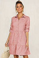 Платье рубашка женское вельветовое свободное на пуговицах с длинным рукавом, размер M (розовое)