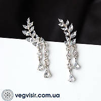Серьги Веточка Кристаллы протяжки серебренный цвет стильные сережки висюльки камни листья