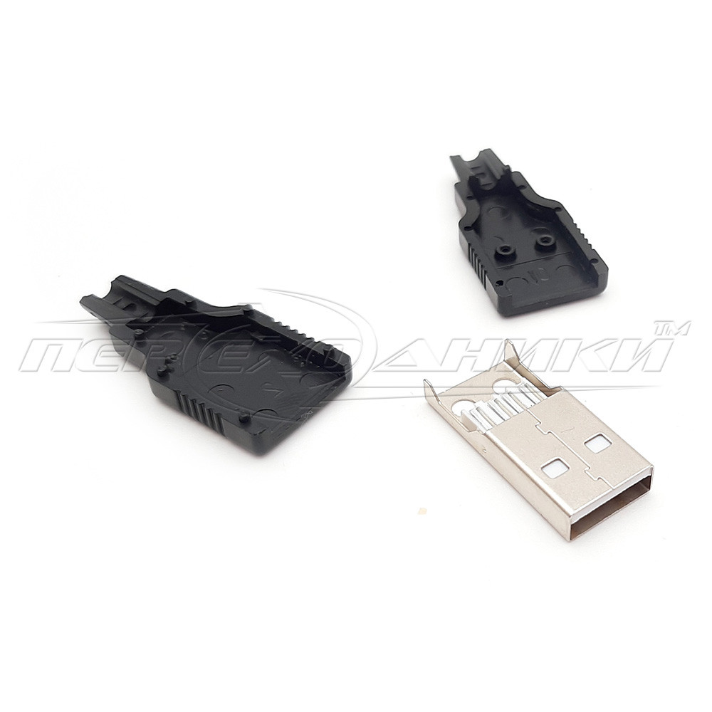 Разъем штекер USB-A , черный с корпусом и кабельным вводом - фото 1 - id-p1236671995