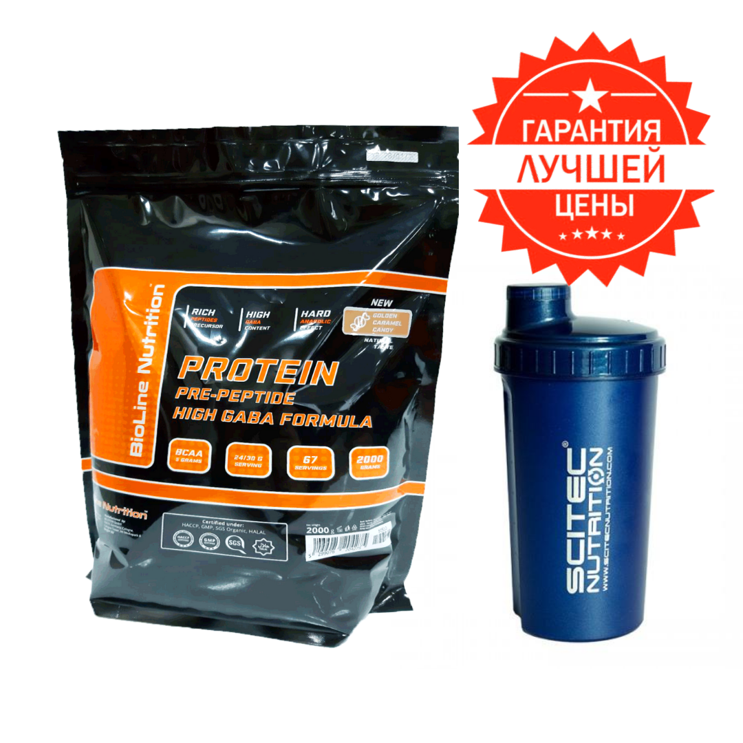 ПРОТЕЇН PRE-PEPTIDE HIGH PROTEIN GABA FORMULA WPC + WPH 80%, ВСАА - 16,6%, Карамель 2 кг + ШЕЙКЕР!