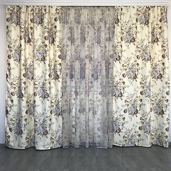 Штори атласні кремові з батистовим тюлем з великими квітами ALBO (SHT-629-1)