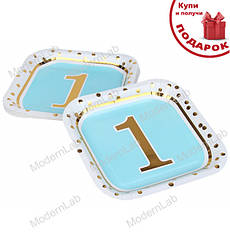 Одноразові тарілки "1 рік", 10 шт., розмір - 24*24 см, Польща, колір - блакитний із золотом
