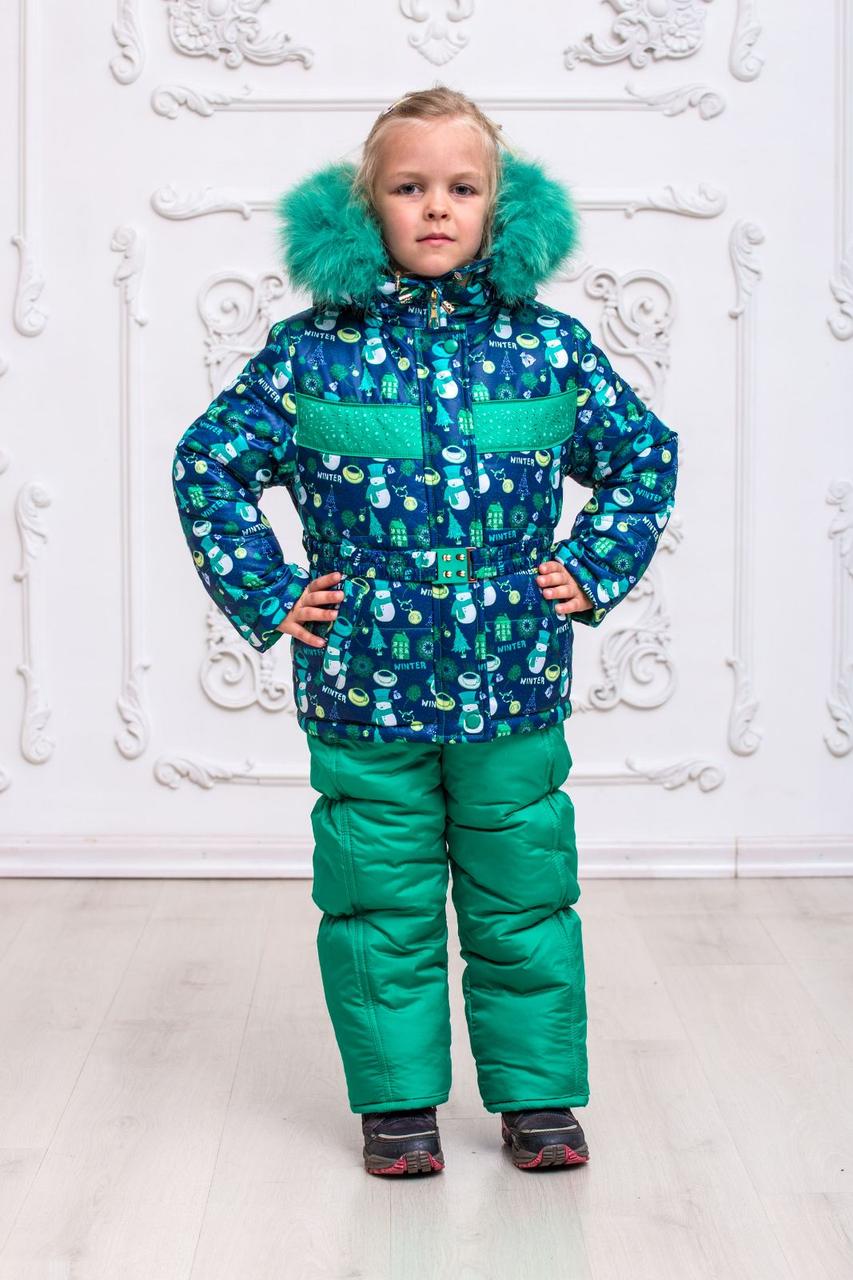 Зимовий комбінезон на дівчинку з опушкою на флісі овчині 2-4 роки кольоровий зелений