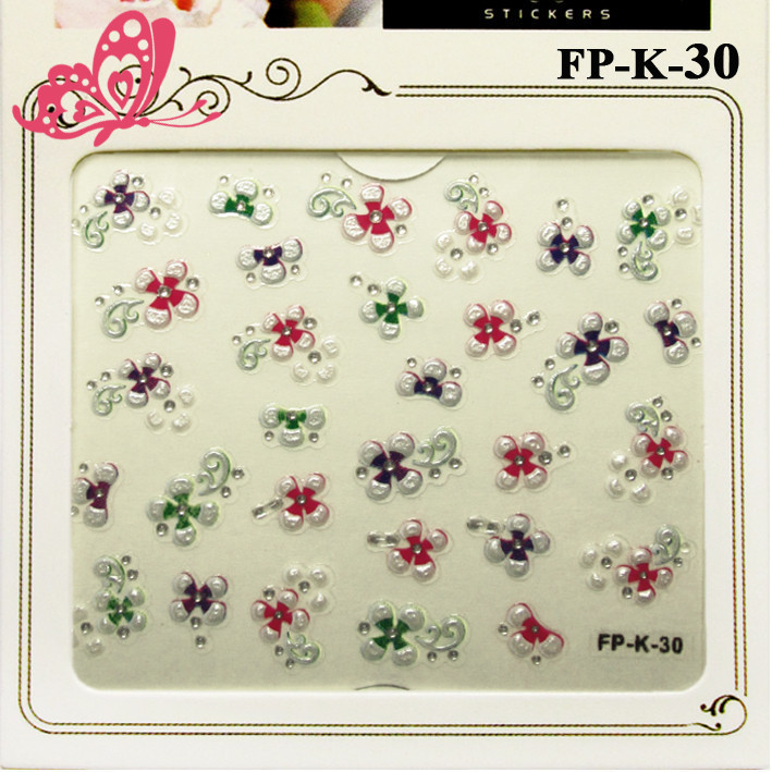 Самоклейні Наклейки для Ногтів 3D FP-К-30 Перлинно Білі Квіти з Кольоровими серединами зі стразами Манікюр