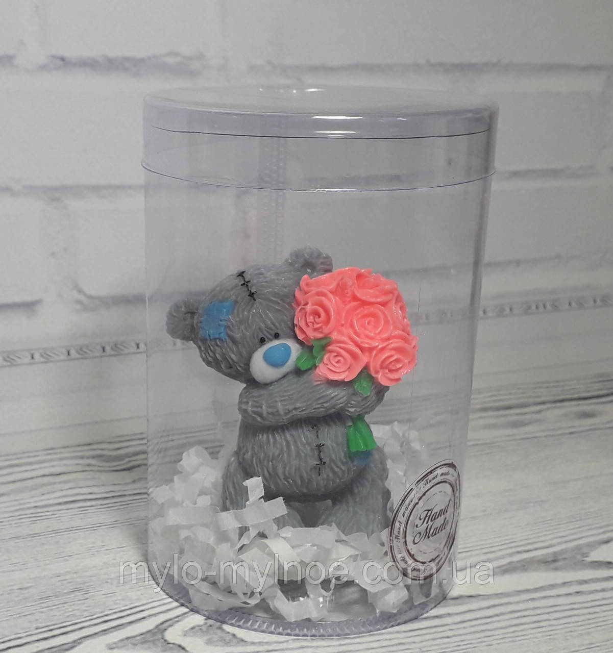 Сувенірна мило ручної роботи Тедді з букетом троянд (в тубусі)