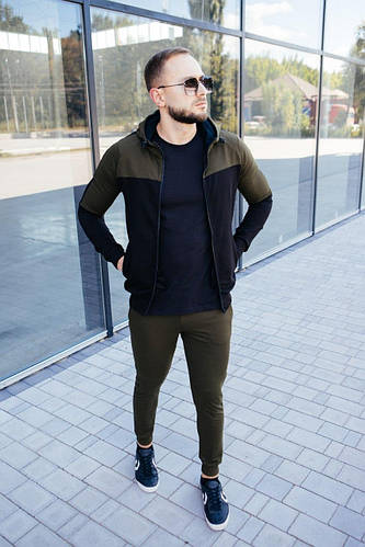 Чоловічий спорт костюм куртка капюшон+штани хакі чорний S-3XL|чоловічий  трикотаж смужка кофта+штани хакі, ціна 1460 грн - Prom.ua (ID#1237258301)