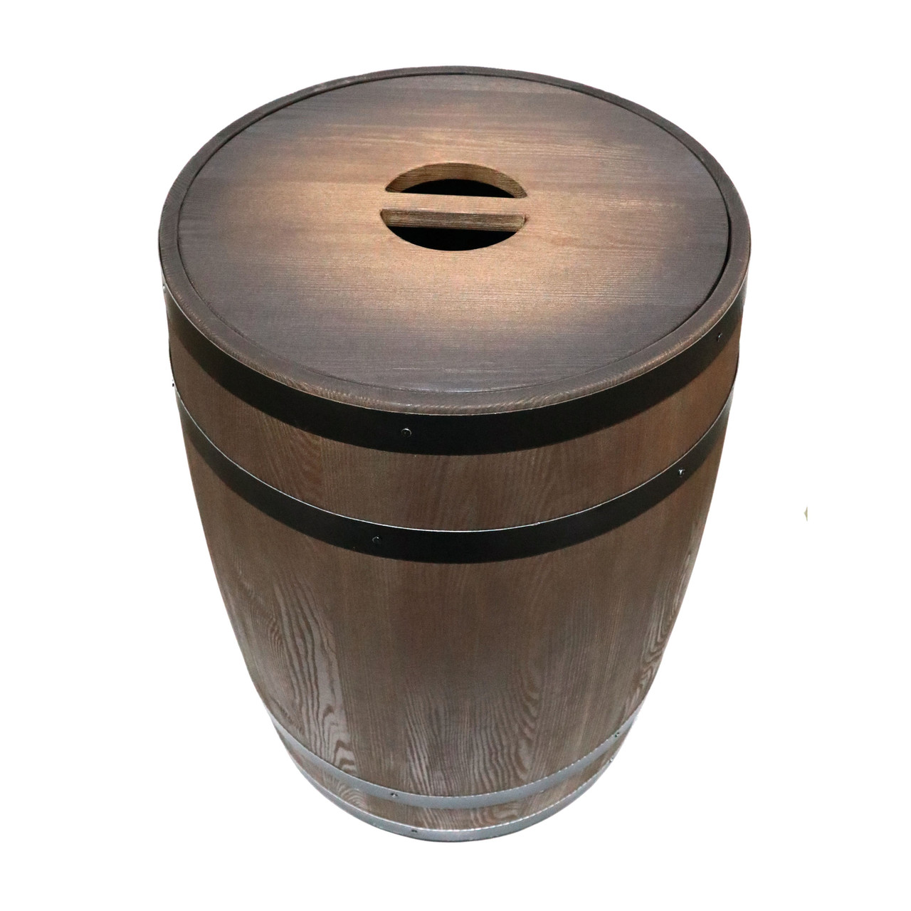 Мусорный бак из деревянной бочки с металлическим контейнером и крышкой, h-80 см, темное дерево, черные обручи - фото 2 - id-p56278035