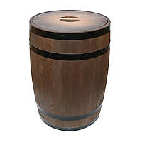 Сміттєвий бак з дерев'яної бочки з металевим контейнером та кришкою, h-80 см, темне дерево та чорні обручі