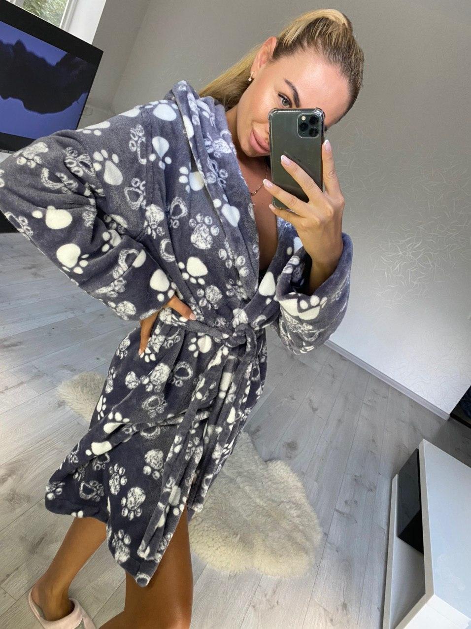 Жіночий сірий дуже теплий халат із капюшоном і поясом, фото 1