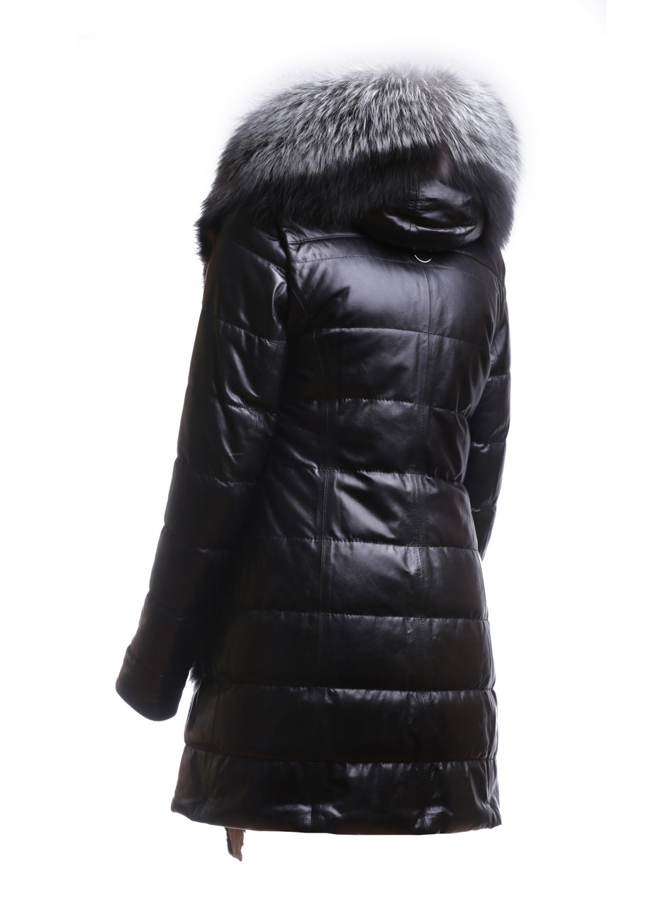 Кожаный зимний пуховик с чернобуркой длинный женский (Арт. AT202) - фото 3 - id-p29160128