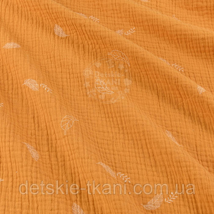 Двошаровий жатий муслін із листочками на гірчичному тлі, ширина-135 см, фото 1